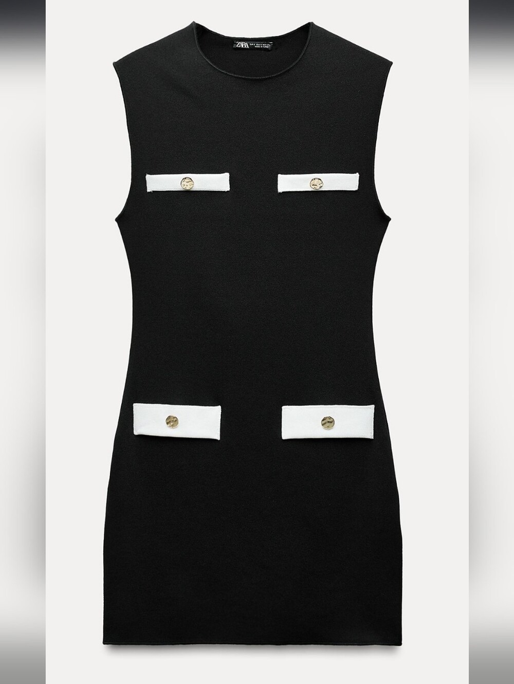 Zara Black Mini Dress with White Trim and Gold Buttons